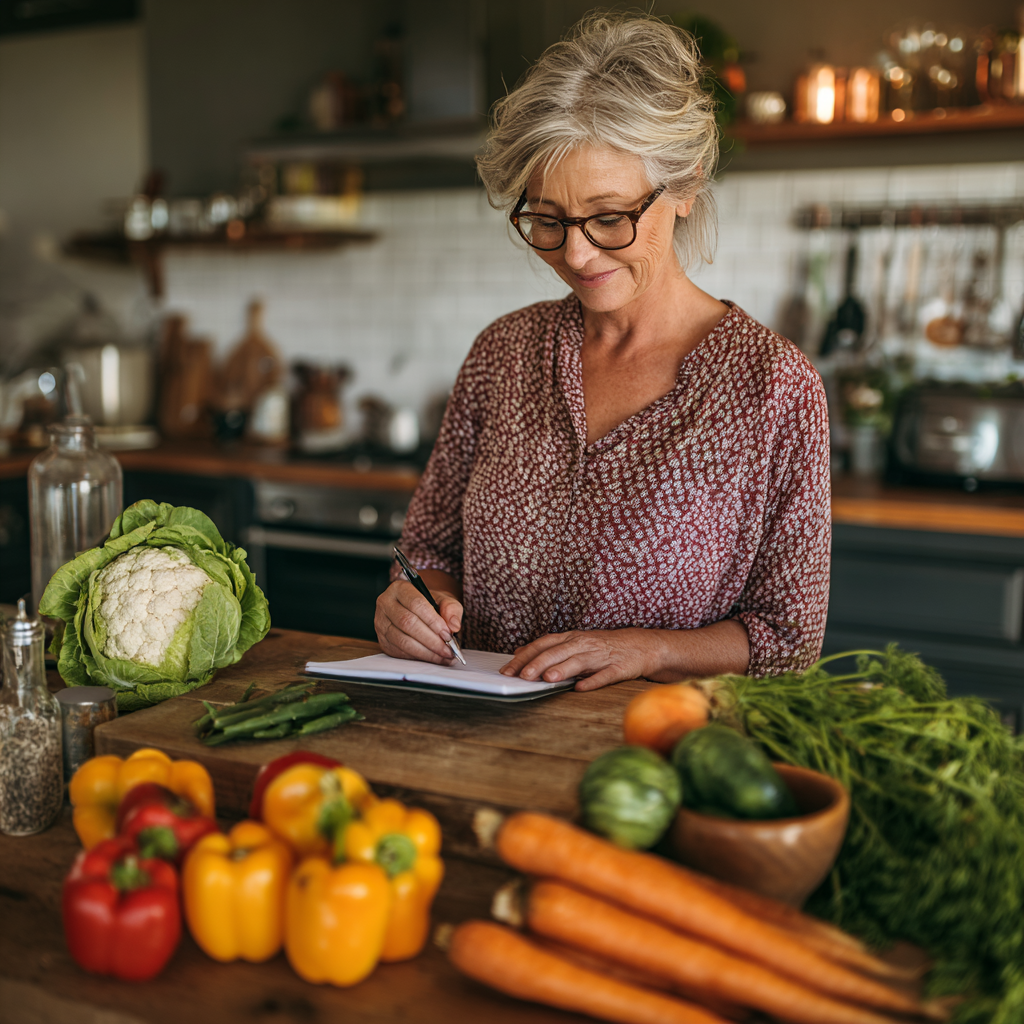 mature woman planning healthy meals with fresh vegetables on kitchen counter