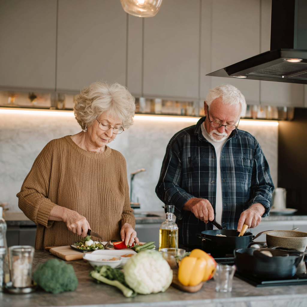 senior couple cooking healthy meal together in modern kitchen